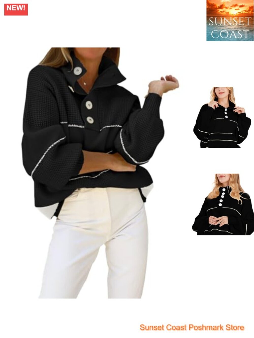 Waffle Knit Slouchy Striped Polo Collared Long Sleeve Pullover Sweater